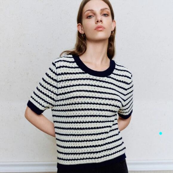 Urban Revivo Tops - Urban Revivo Cotton Short Sleeve Striped Knit Top Navy size Small Coastal